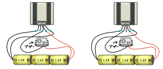 1.5Ｖの乾電池３個とブザーを、センサー信号１とセンサー信号２にのどちらかに配線します