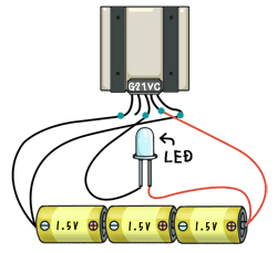 1.5Ｖの乾電池３個とLEDを、センサー信号１とセンサー信号２にのどちらかに配線します