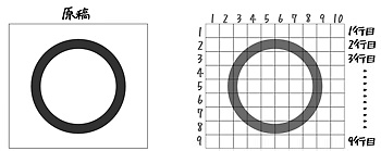 円を描いた原稿を、横に10マス縦に9マスで分割します